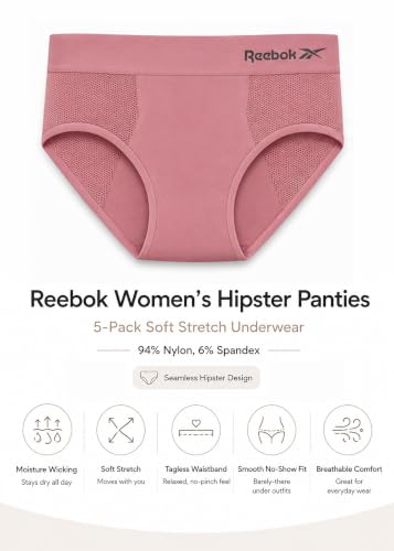 Image of Reebok Womens Hipster Panties 5 Pack Soft Stretch Underwear for Women | Moisture wicking hipster briefs with a tagless relaxed waistband Soft stretch fabric with a smooth, barely-there fit all day.