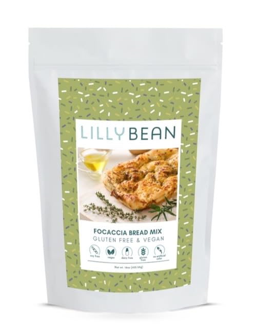 LillyBean Gluten Free Focaccia Bread Mix with No Artificial Colors - Dairy and Soy Free, Vegan - Make Hand-Tossed Garlic Knots, Stromboli, Breadsticks, Calzones, Flatbreads, Pizzas - 16oz