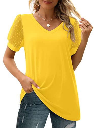 Image of Aokosor Womens Summer Tops V Neck T Shirts Swiss Dot Puff Sleeve Tops Loose Casual Tshirts