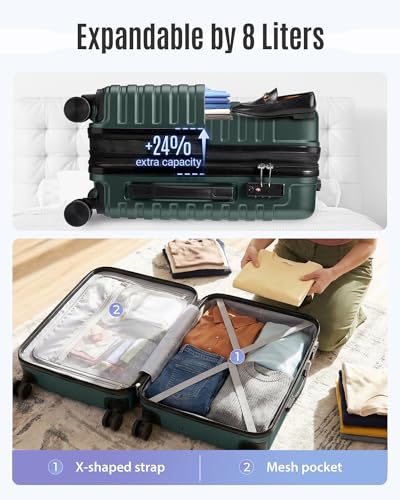 Image of LIGHT FLIGHT Expandable Carry On Luggage 22x14x9 Airline Approved with Double Spinner Wheels, 20 Inch Lightweight Hard Shell Rolling Suitcases with TSA Lock, Pine Green