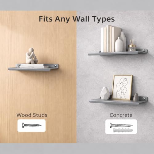 Image of 17 Inch Set 1 Grey Wall Shelf - Metal Floating Shelf for Wall, Wall Mounted Shelves, Modern Wall Shelf for Bedroom & Living Room Storage, Minimalist Wall Mount Shelf (43.18 CM Long X 17 CM deep)