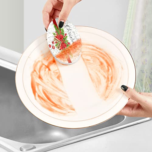 Image of Christmas Fir Tree Winter Red Bow Kitchen Sponges Xmas Ball Holly Berries Cleaning Dish Sponges Non-Scratch Natural Scrubber Sponge for Kitchen Bathroom Cars pack of 3