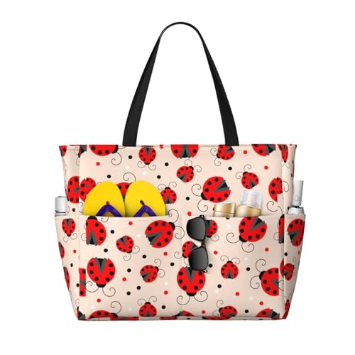 Red Ladybug Print Large Beach Tote Bag for Women Extra Large Capacity Sandproof Waterproof Pool Bag Suitable for Swimming Pool Gym Groceries Travel