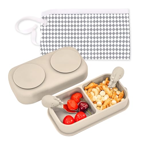Image of 5PCS Travel Suction Plate for Baby, Portable Silicone Suction Plate to Go,Baby Divided Bowls Feeding Set with Travel Bag for Toddler Baby Plate(Light Beige)