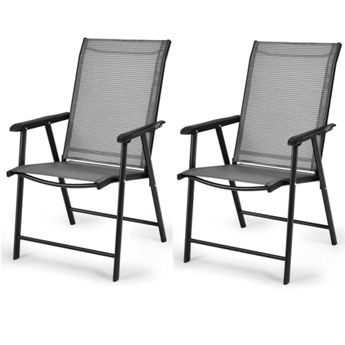 TANGZON Folding Garden Dining Chairs, Set of 2/4 Patio Foldable Armchairs Set with High Back & Ergonomic Armrest, Outdoor Portable Camping Seats for Lawn, Backyard, Balcony (2, Grey)