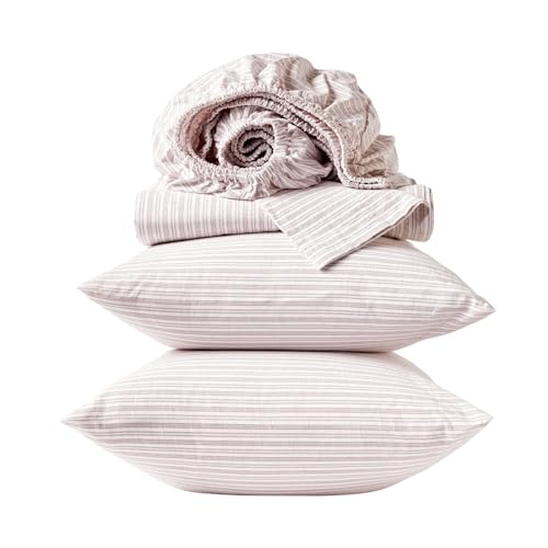 Coyuchi Organic Crinkled Percale Cooling Sheet Set, Breathable 100% Organic Cotton, Hazel w/Sedona (Queen)