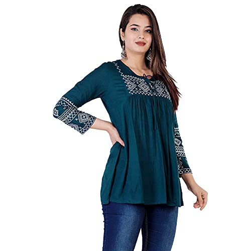 Image of Shiva Fab Short Kurti for Women | Embroidered Straight Rayon Kurta | Round Neck Full Sleeves Short Kurti for Women's