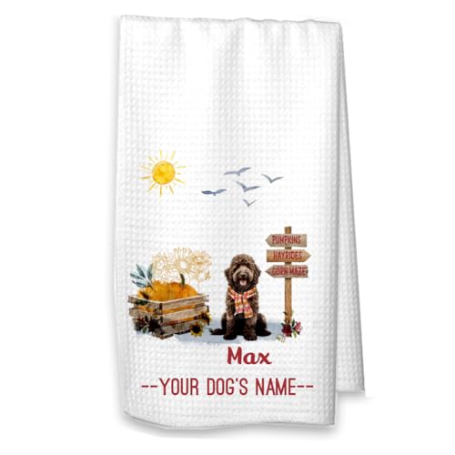 Studio 9Thirty3 Personalized Goldendoodle Fall Kitchen Towel – Pumpkin Patch Microfiber Dog Dish Towel – Custom Name – Waffle Weave Dog Lover Gift – Printed in USA (Brown Doodle Personalized)