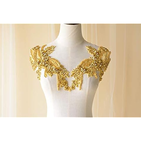 Mirror Pair Sparkling Bodice Rhinestone Applique Heavy Beads Shoulder Diamante Lace Patch sew on Bridal Wedding Dress Gown (Gold) Cover