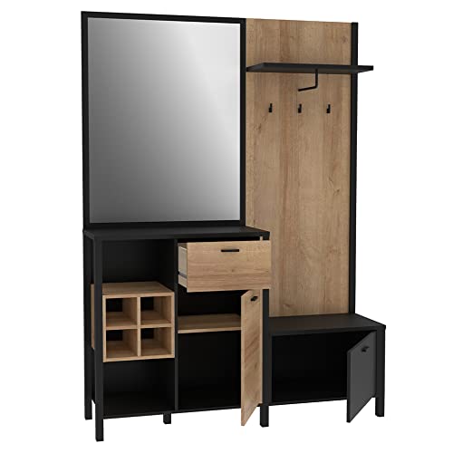 Mueble de entrada con revestimiento de roble y negro con múltiples almacenamiento y espejo - Moda