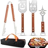 Geoyien Grillspachtel für Barbecue, Grillzubehör Männer Geschenk, Multifunktionales Grill Zubehör, Grillbesteck mit Holzgriff, Messer und Gabel, Säge, Vatertagsgeschenk für Papa (4 Stück, ABCD)