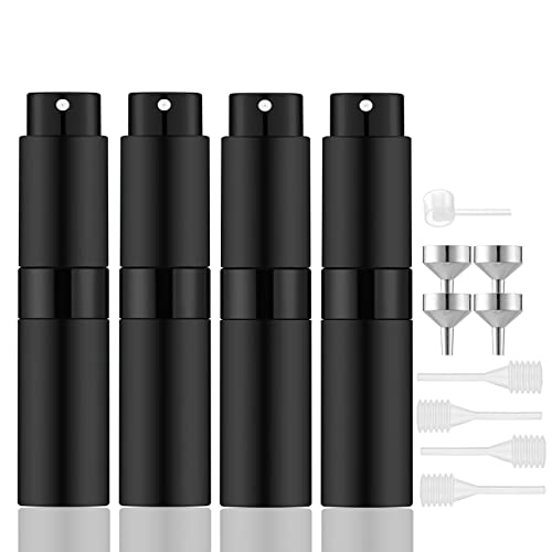 Lil Ray 8ml Portable Mini Perfume Atomizer(4 PCS)，Refilable Empty Small Spray Bottle for Travel, Twist Tpye Pocket Cologne Sprayer (Matte Black)