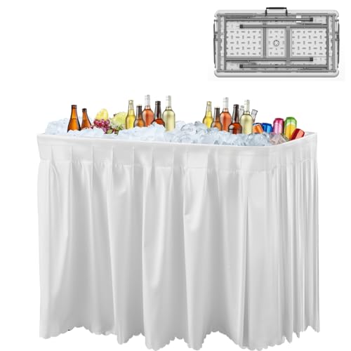 IWDOO 4 Foot Ice Cooler Folding Table Party Ice Tables with Drain and Detachable White Skirt Large Plastic Cooler Table to Keep Drinks Cool for Weddings Outdoor Picnics Pool Camping BBQ White