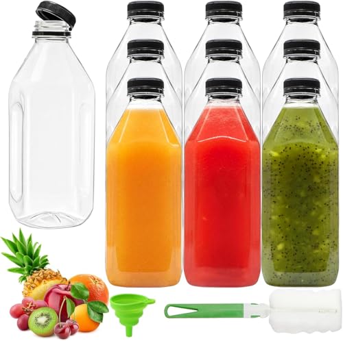 Coloch 10 Pack 33 Oz Plastic Juice Bottles with Black Caps, 1L Empty Clear Soda Bottle Reusable Drink Container Plastic Milk Bottle for Water, Juice, Beverage, Cold Drinks, Picnic, Home Use