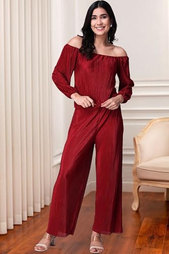 Image of POPWINGS Casual Wrinkle Full Sleeves Off-Shoulder Top and Palazzo Co-ord Set for Women || Co-Ords Set for Women Stylish Western || Top and Palazzos Set for Women|| 2 Piece Set for Women