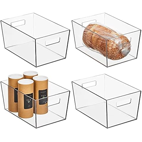 Nate Home by Nate Berkus Plastic Bin with Handles | for Pantry Organization Perfect Organizer for Kitchen Storage or Fridge from mDesign - Set of 4, Clear Cover