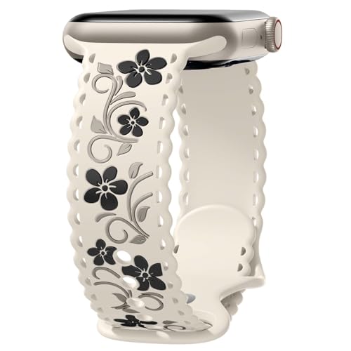 Getino Floral Band Compatible with Apple Watch Bands For Women 40mm 42mm 41mm 38mm 44mm 45mm 46mm 49mm, Cute Engraved Flower Soft Comfortable Silicone Strap for iWatch Series 11 10 9 8 7 6 5 4 3-1 SE by Getino - Used condition - US$10.88