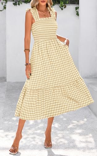 Image of PRETTYGARDEN Women's Summer Dress Casual Ruffle Strap Gingham Midi Sundress | Square Neck, Smocked Boho Dress, Flowy A Line, Homecoming, Party, Maxi Sun Dresses for Beach Vacation
