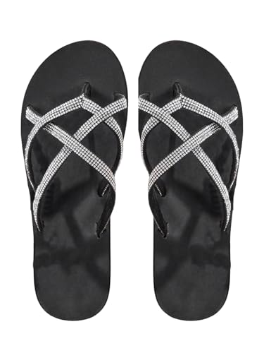 OYOANGLE Womens Rhinestone Sparkly Strappy Flip Flops Open Toe Shiny Slip on Flat Sandals Black 8
