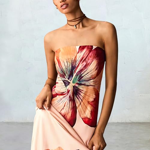 Image of Women Y2k Strapless Maxi Dress Summer Backless Floral Long Tube Dress Off Shoulder Cocktail Party Dress