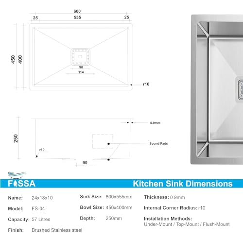 Image of Fossa 24x18x10 Inch ๐-๐๐๐๐ ๐๐๐๐๐๐๐๐ Single Bowl Kitchen Sink | Premium Stainless | Under /Top Mount Sink with Drain & Sound Pads | Luxury Home Modular Sink Silver (Matte Finish)