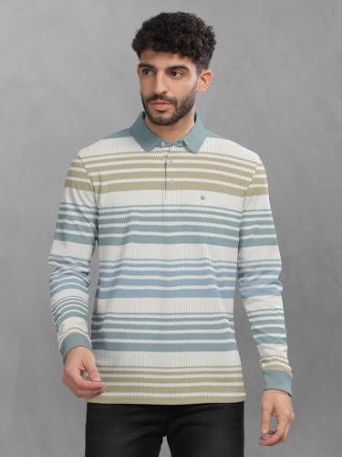 Image of BULLMER Striped Textured Printed Polo Neck Fullsleeve T-Shirt with Rib for Men