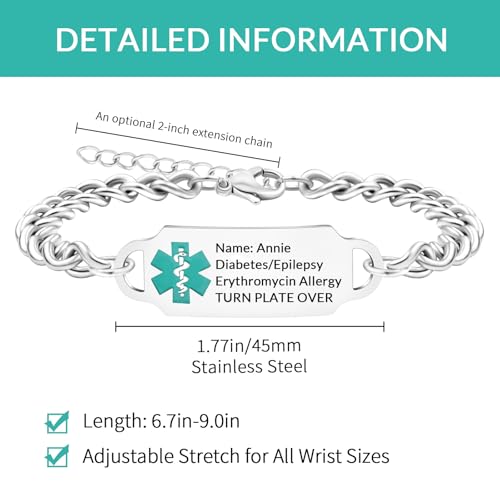 Women'S Medical Alert Bracelet, Customizable Emergency Alert Bracelet, Adjustable, Free Engraving, Suitable for Diabetes, Allergies, Epilepsy, and Elderly Safety2