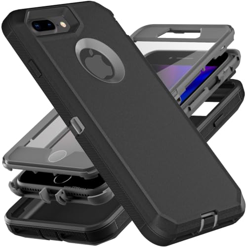 YmhxcY iPhone 7 Plus / 8 Plus Case with Built-in Screen Protector, 3-Layer Shockproof Rubber Cover – Black/Grey