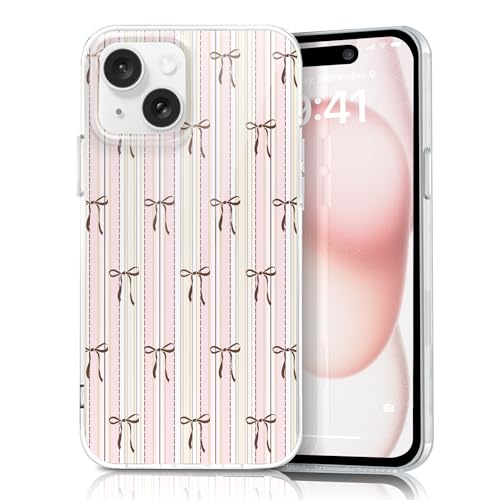 Coque iPhone 15 à rayures et nœud crème en PC rigide chic pour femme
