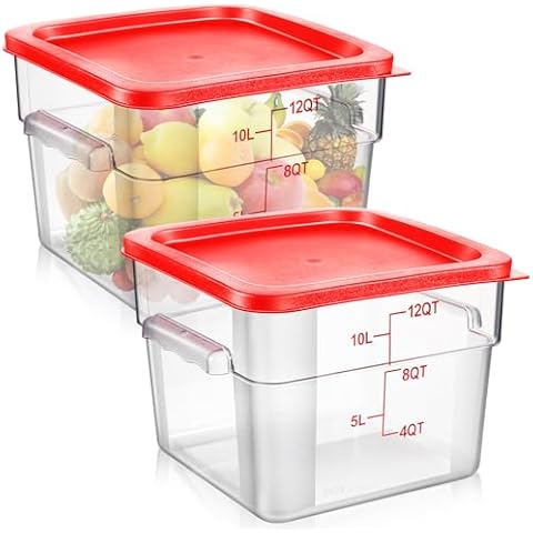 Suclain 2 Pcs Square Food Storage Container Polycarbonate Clear Food Container with Red Lid Commercial Food Storage with Red Graduations for Commercial Kitchen (8.19 x 11.81 inches) Cover