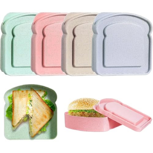 Image of 4 Pack Sandwich Containers for Lunch Boxes, Reusable Sandwich Bread Box Container for Adults, Large Travel Bento Sandwich Holder Box with Lid, BPA Free, 14 oz