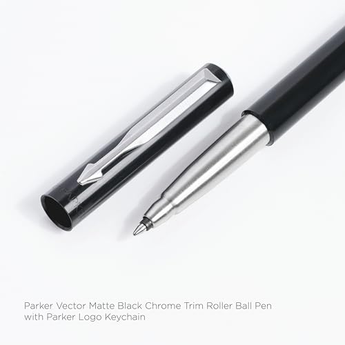 Image of Parker Vector Standard Chrome Trim Roller Ball Pen and Silver Key Chain, Black Body, Blue Ink, Medium Point - Gift Set for Professionals, Executives, and Students