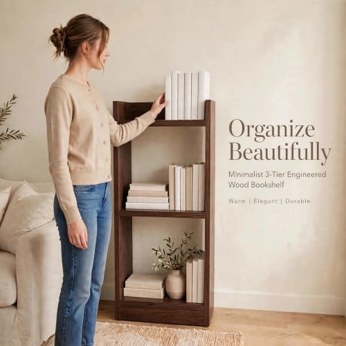 Image of SBF Furniture 3 Tier Wooden Bookshelf, Engineered Wood Book Rack, Multipurpose Storage Shelf for Books, Decor & Kitchen, Compact Space-Saving Shelf (Brown)