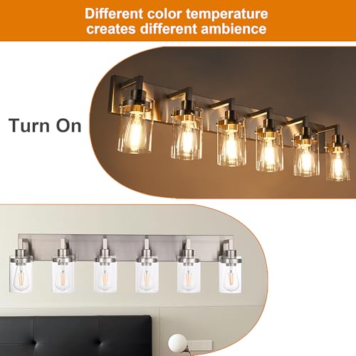 Image of 6-Light Bathroom Vanity Light Fixture in Brushed Nickel Finish,Metal Classic Wall Lighting with Clear Glass Shade Wall Sconces Lamp for Mirror,Hallway, Makeup Table