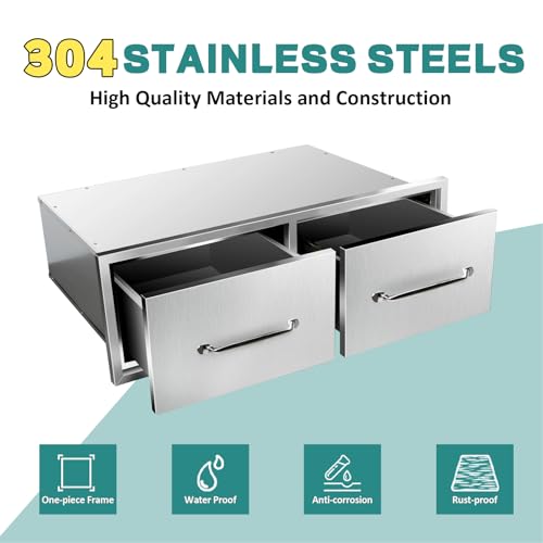 Image of Outdoor Kitchen Drawers 30 inch W x 10 inch H x 20 inch D Stainless Steel Drawer Horizontal Double Drawers with Chrome for Outdoor Kitchen Island, Patio Grill Station