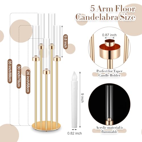 Tandefio 4 Set 5 Arm Gold Candelabra Centerpieces for Table, 35'' Tall Wedding Metal Candlestick Floor Holder Acrylic Clear Lampshades with 20 LED Candles for Wedding Party Event Table Fireplace Decor - Image 5