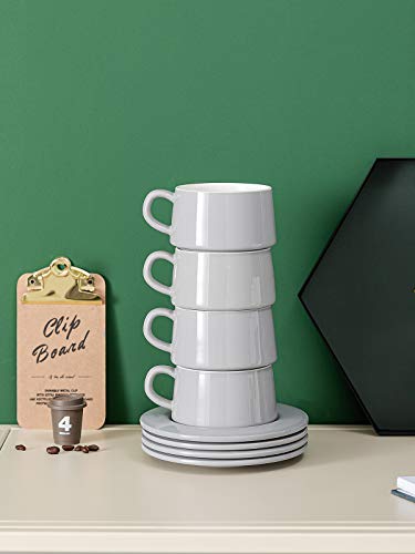 Kanwone Porcelain Stackable Cappuccino Cups with Saucers - 8 Ounce for Specialty Coffee Drinks, Cappuccino, Latte and Americano - Set of 4, Grey