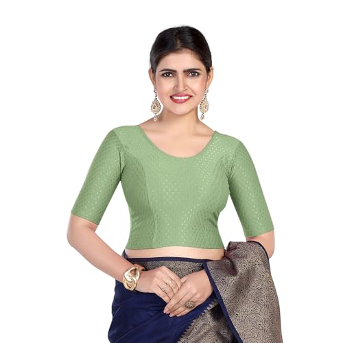 Image of FINESTFIT Round Neck Stretchable Elbow Sleeve Readymade Saree Blouse for Women, 100% Cotton Dobby Fabric