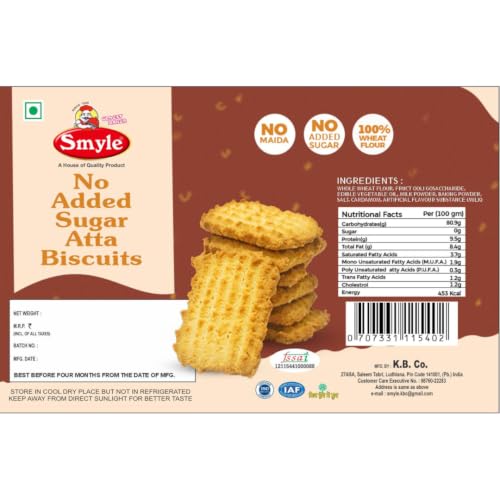 Image of Smyle No Added Sugar Atta Biscuits | 100% Whole Wheat | No Maida | Healthy Snack for Diabetics | Rich in Fiber| Pack of 2 x 250g (500g Total)