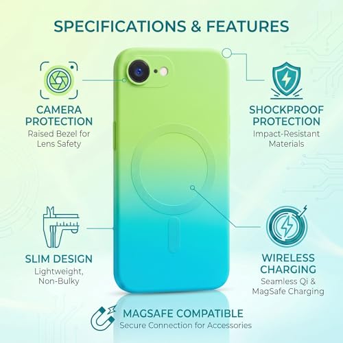 Image of amazon basics Gradient Mag-Safe Case for iPhone 16E | Soft Silicone Shockproof Cover with Camera Protection | Slim Lightweight Design | Smooth Touch & Durable - Green & Blue