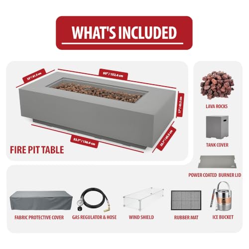 Image of AMS Creations | Madison 60 inch Bundle Rectangular Propane Gas Outdoor Fire Pit Table | Light Gray Concrete GFRC | Smooth Texture or Surface | Electronic Ignition | Outside Backyard Fireplace