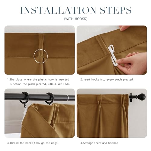 RYB Home Pinch Pleated Velvet Curtains for Living Room, Blackout Thermal Insulated Noise Reducing Vintage Curtains for Dining Room Bedroom, Gold Brown, W34 x L84 inches, 2 Panels - image 4