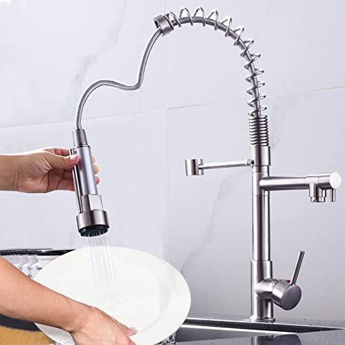 Kitchen Faucet With Pull Down Sprayer, 15.7'' Brushed Nickel Kitchen Sink Faucet With Cold/Heat Control, 360 Rotating Double-Handle Modern Faucet For Kitchen Sink #TOP2