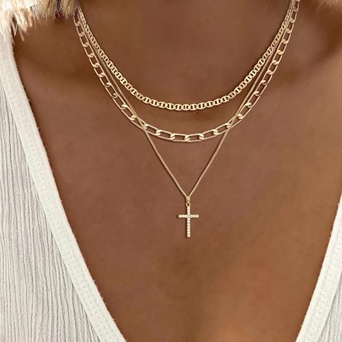 Layered Gold Necklaces for Women Dainty 14k Gold/Silver Plated Stackable Choker Necklaces for Women Trendy Cuba Cross Circle Pendant Necklaces Set Jewelry Gifts for Women2
