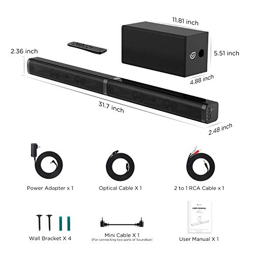 Bomaker SoundBar Con Subwoofer 2.1 Canali Bluetooth 5.0, 100W/110db, Suono Surround Altoparlante Sistema Home Cinema, Ingresso ottico/Aux/TF/USB, Kit di Montaggio a Parete, 5 Modalità Audio