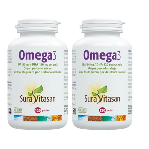 SURA VITASAN Omega 3 180/120 Pack de 2 x 120 (240 Perlas) – Salud de Corazón y Cerebro – 180 mg EPA y 120 mg DHA – Aceite de Pescado de Destilación Molecular