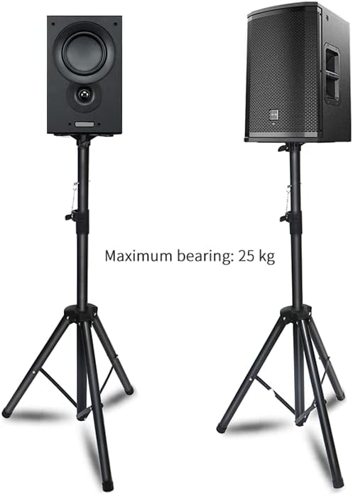 Two MXT CXP-202 speaker stands, one with a smaller monitor speaker and another with a larger PA speaker, illustrating the maximum bearing capacity of 25 kg.