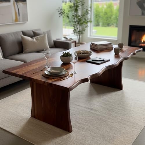 Image of Live Edge Sheesham Wood Coffee Table for Living Room | Solid Wood Center Tea Table with Artistic Curved Design | Modern Wooden Cocktail Unit for Home Office Lounge | Brown Finish