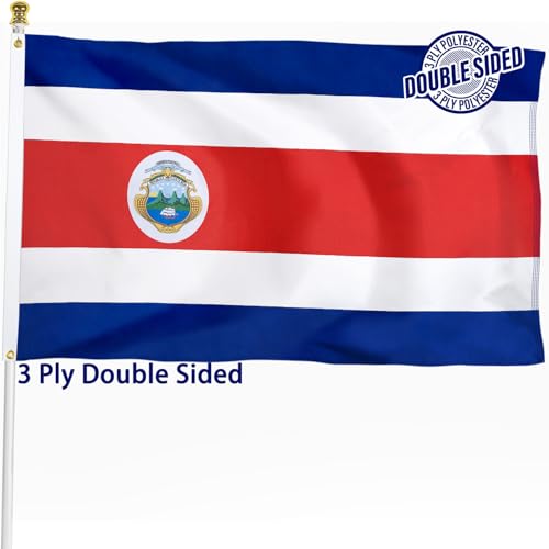 Costa Rica Flag 3x5 ft Outdoor – Bandera de Costa Rica Costa Rican National Flag, Double Sided 3 Ply Heavy Duty Polyester Banner with Brass Grommets for Home and Outdoor Decoration, 4 Rows Stitching