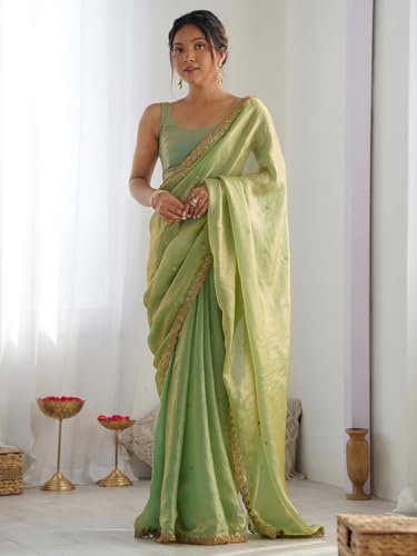 Image of AKHILAM Women's Shimmer Tissue Embroidered Saree With Unstitched Blouse Piece
